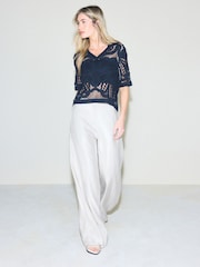 Navy Blue Crochet Knit Open Neck Polo Top - Image 2 of 9