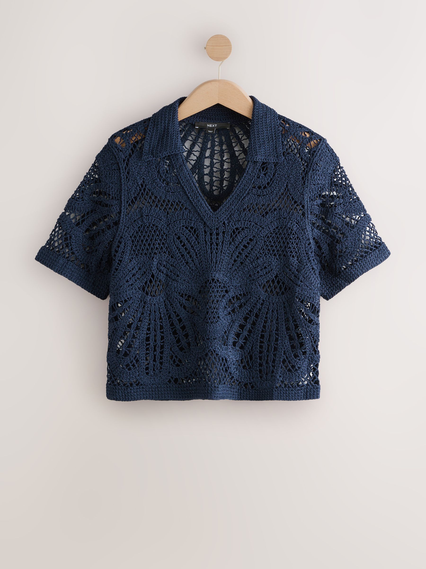 Buy Navy Blue Crochet Knit Open Neck Polo Top from the Next UK