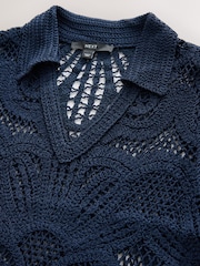 Navy Blue Crochet Knit Open Neck Polo Top - Image 7 of 9