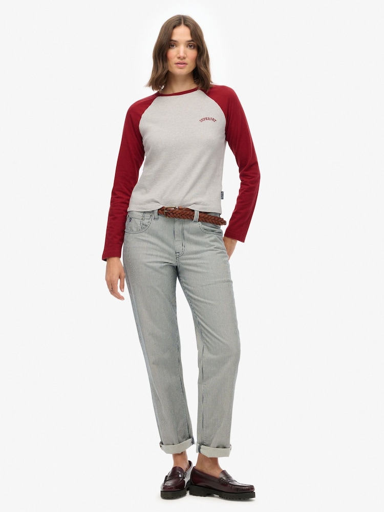 Superdry Red Essential Logo Long Sleeve Baseball Top - Image 1 of 5 Superdry Red Essential Logo Long Sleeve Baseball Top - Image 1 of 5