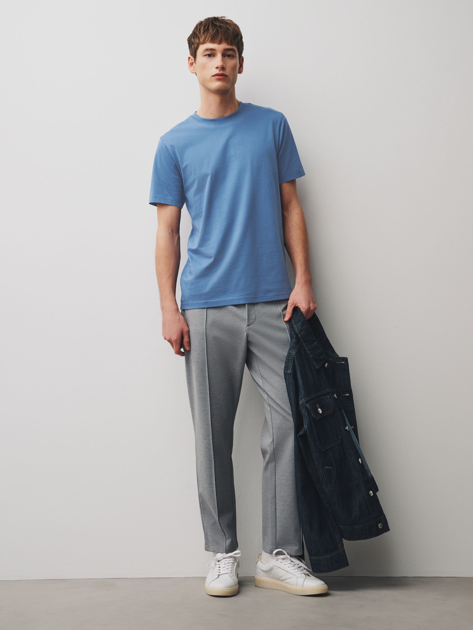 Buy Blue Mid Slim Fit Essential Crew Neck Cotton T-Shirt from the