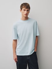 冰藍色 - 寬鬆版 - 基本款圓領棉質T恤 - 圖片 1，共 7