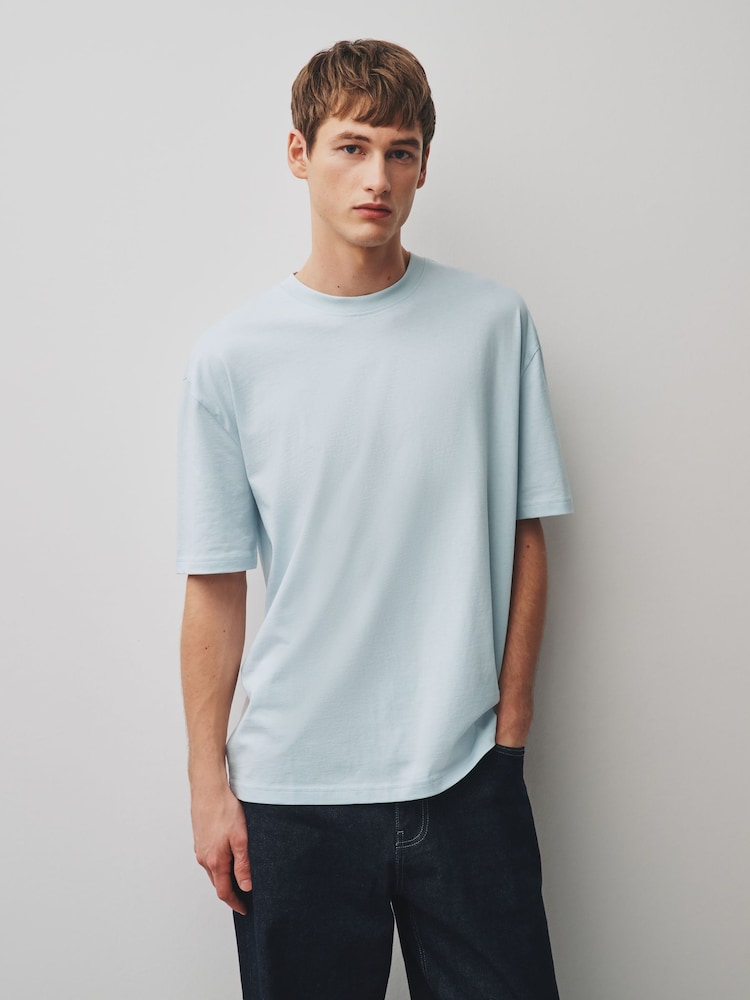 冰藍色 - 寬鬆版 - 基本款圓領棉質T恤 - 圖片 1，共 7