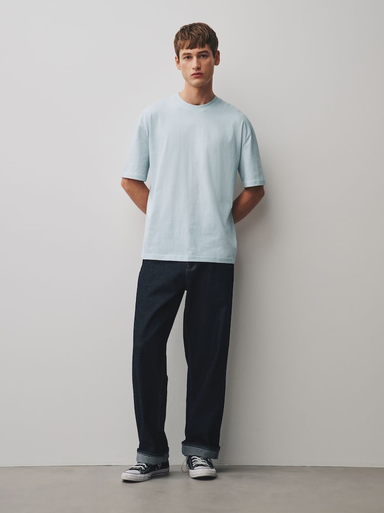 冰藍色 - 寬鬆版 - 基本款圓領棉質T恤 - 圖片 2，共 7