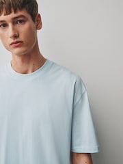 冰藍色 - 寬鬆版 - 基本款圓領棉質T恤 - 圖片 4，共 7