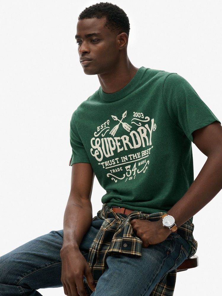 Superdry Green Outdoor Flock Relaxed T-Shirt - Image 1 of 7 Superdry Green Outdoor Flock Relaxed T-Shirt - Image 1 of 7