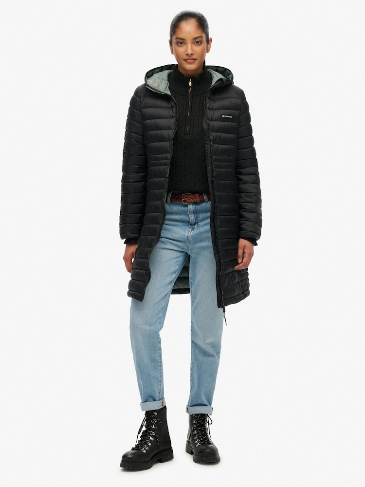 Superdry Black Hooded Fuji Lite Mid Length Padded Coat - Image 1 of 8 Superdry Black Hooded Fuji Lite Mid Length Padded Coat - Image 1 of 8