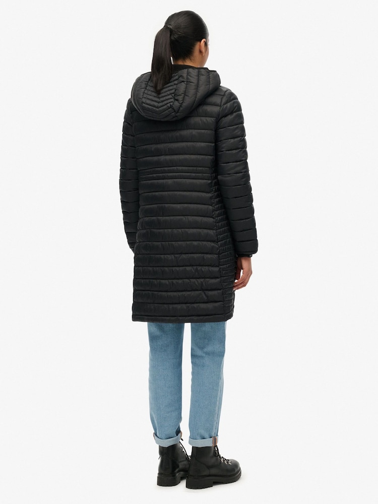 Superdry Black Hooded Fuji Lite Mid Length Padded Coat - Image 2 of 8