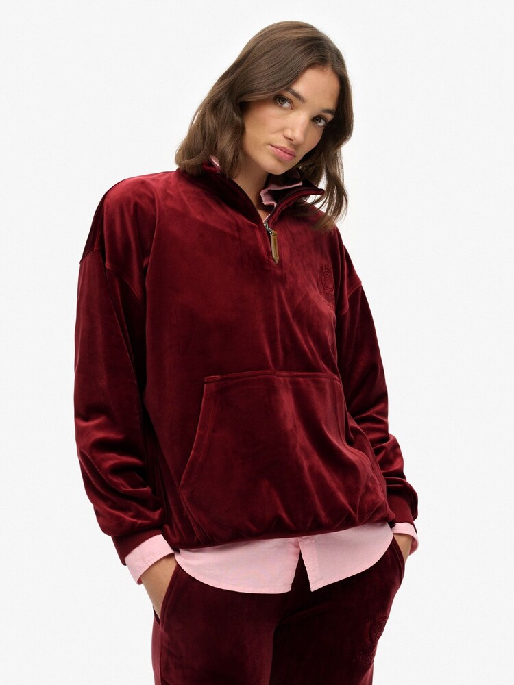 Superdry Red Country Club Velour Quarter Zip Sweattop - Image 2 of 6
