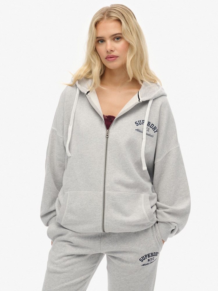 Superdry Grey Athletic Essentials Oversized Zip Hoodie - Image 2 of 6 Superdry Grey Athletic Essentials Oversized Zip Hoodie - Image 2 of 6
