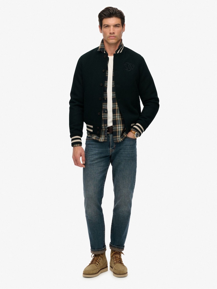 Superdry Green Varsity Monogram Wool Bomber Jacket - Image 1 of 7 Superdry Green Varsity Monogram Wool Bomber Jacket - Image 1 of 7