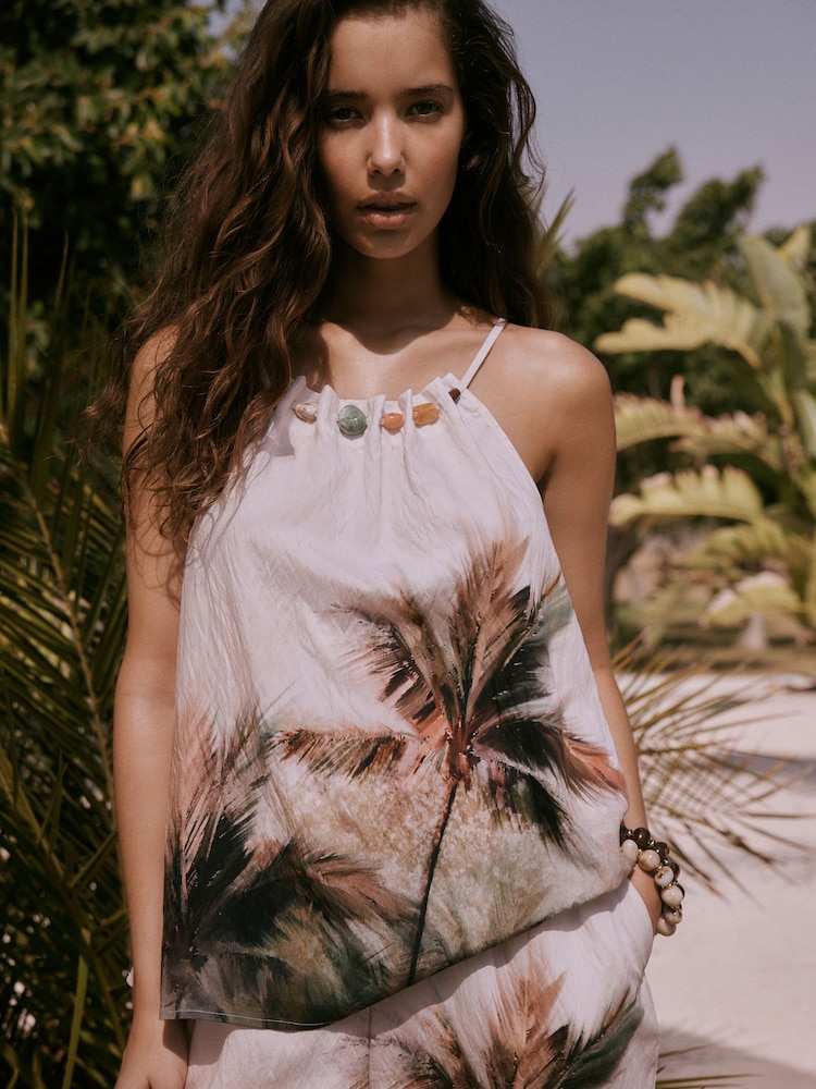 Cream Palm Print High Neck Top - Image 1 of 5