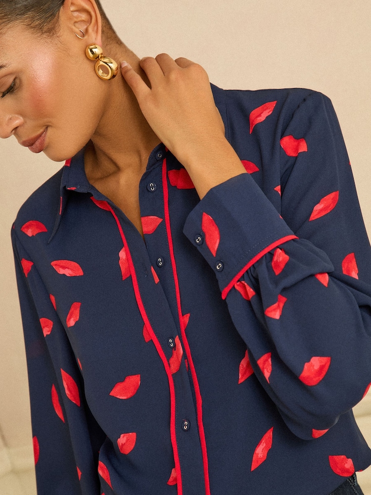 Love & Roses Navy Lips Print Petite Long Sleeve Button Through Shirt - Image 2 of 4