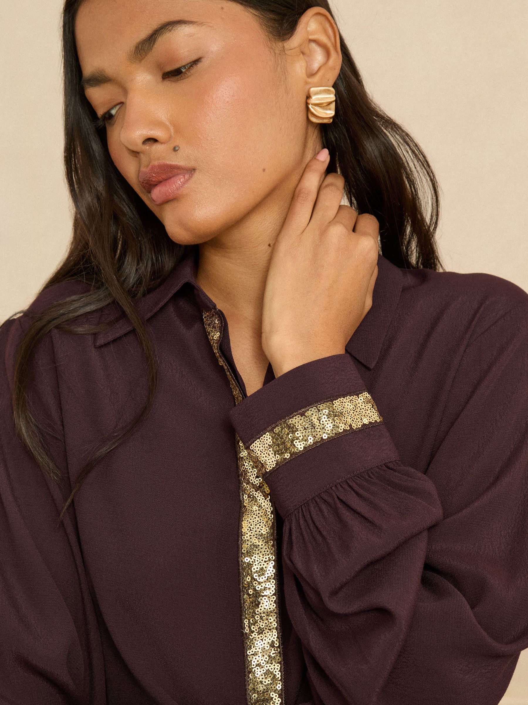 Buy Love & Roses Chocolate Brown Long Sleeve Button Through Sequin