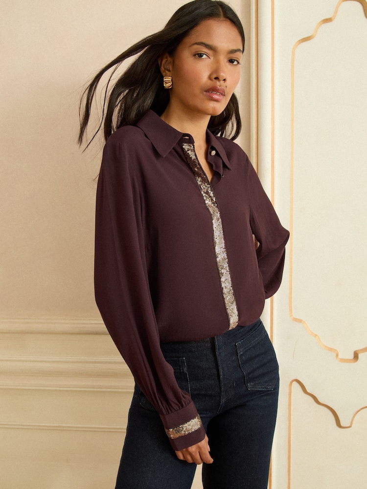 Love & Roses Chocolate Brown Long Sleeve Button Through Sequin Trim Shirt - Image 4 of 4 Love & Roses Chocolate Brown Long Sleeve Button Through Sequin Trim Shirt - Image 4 of 4