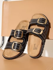 Friends Like These Black Faux Leather Standard Fit Double Buckle Strap Flat Comfort Footbed Sandals - Image 1 of 5