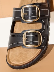 Friends Like These Black Faux Leather Standard Fit Double Buckle Strap Flat Comfort Footbed Sandals - Image 2 of 5