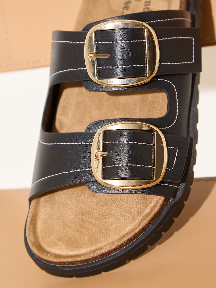 Friends Like These Black Faux Leather Standard Fit Double Buckle Strap Flat Comfort Footbed Sandals - Image 2 of 5