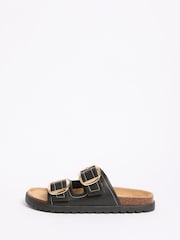 Friends Like These Black Faux Leather Standard Fit Double Buckle Strap Flat Comfort Footbed Sandals - Image 3 of 5