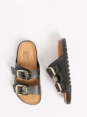 Friends Like These Black Faux Leather Standard Fit Double Buckle Strap Flat Comfort Footbed Sandals - Image 4 of 5