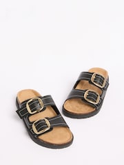 Friends Like These Black Faux Leather Standard Fit Double Buckle Strap Flat Comfort Footbed Sandals - Image 5 of 5