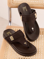 Friends Like These Chocolate Brown Faux Suede Toethong Gold Trim Footbed Summer Sandals - Image 1 of 4