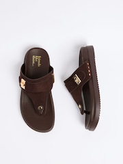 Friends Like These Chocolate Brown Faux Suede Toethong Gold Trim Footbed Summer Sandals - Image 2 of 4