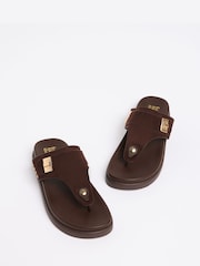 Friends Like These Chocolate Brown Faux Suede Toethong Gold Trim Footbed Summer Sandals - Image 3 of 4