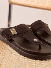 Friends Like These Chocolate Brown Faux Suede Toethong Gold Trim Footbed Summer Sandals - Image 4 of 4