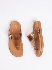 Friends Like These Tan Brown Jelly Toethong Gold Trim Footbed Summer Sandals - Image 2 of 4