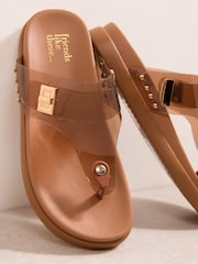 Friends Like These Tan Brown Jelly Toethong Gold Trim Footbed Summer Sandals - Image 4 of 4