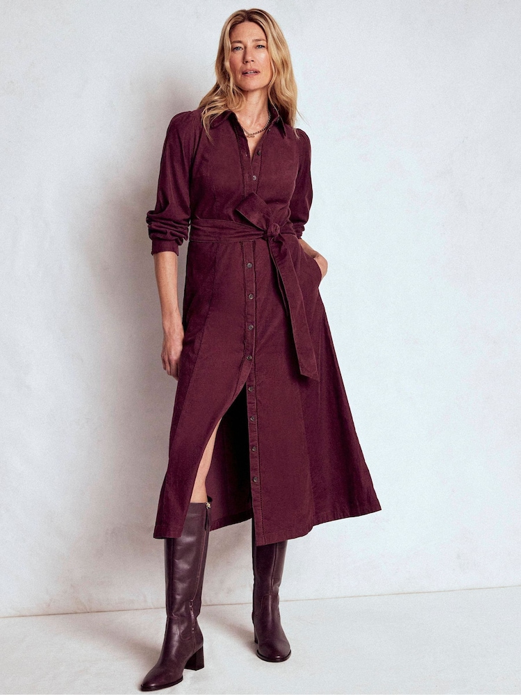 purple cord dress Purple Corduroy Button-Up Mini Dress Adjustable Belted Waist