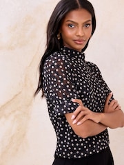 Lipsy Black Polka Dot Puff Sleeve Top - Image 3 of 4
