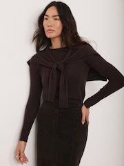 Mint Velvet Brown Cotton Blend Scarf Detail Knit Jumper - Image 1 of 8