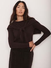 Mint Velvet Brown Cotton Blend Scarf Detail Knit Jumper - Image 3 of 8