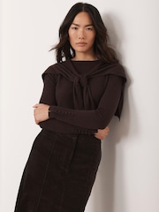 Mint Velvet Brown Cotton Blend Scarf Detail Knit Jumper - Image 4 of 8