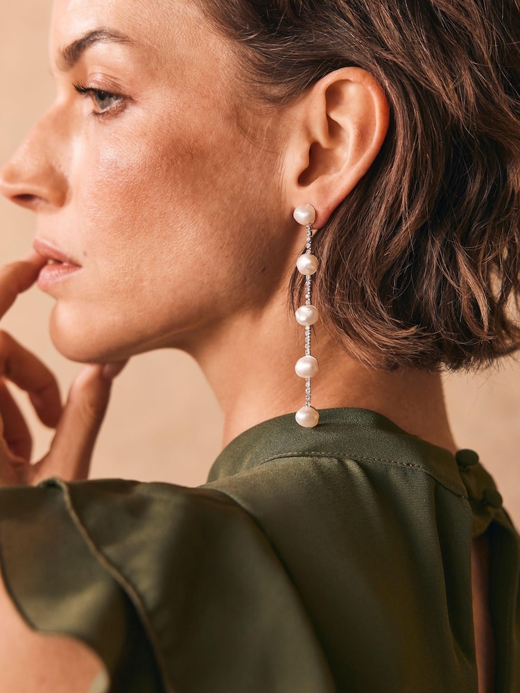 Mint Velvet Silver Tone Diamante Pearl Drop Earrings - Image 4 of 4