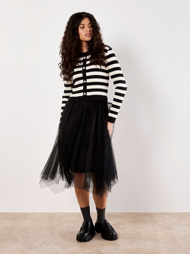 Apricot Black Two in One Stripe Cardigan Tulle Skirt Dress - Image 1 of 5 Apricot Black Two in One Stripe Cardigan Tulle Skirt Dress - Image 1 of 5