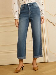 Love & Roses Mid Blue Rainbow Stitch Boyfriend Jeans - Image 1 of 4