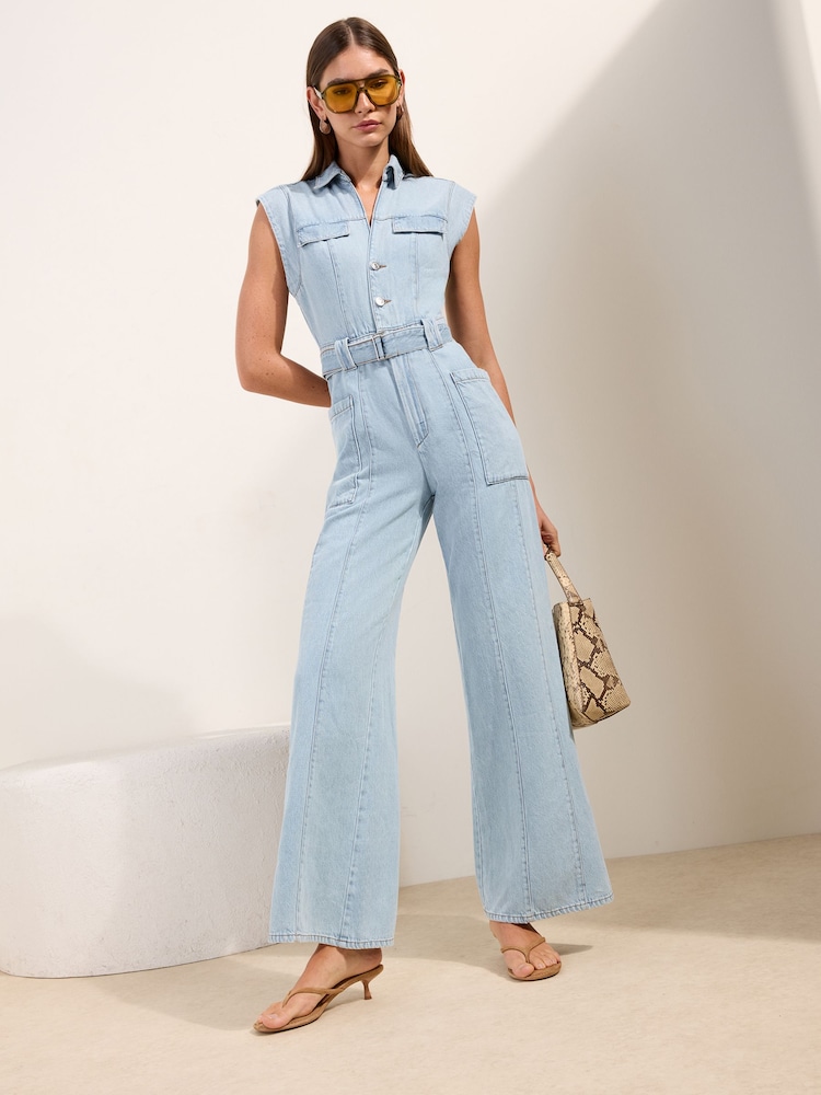 Friends Like These Blue Sleeveless Belted Denim Utility Jumpsuit - Image 1 of 4