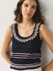 Navy Blue Cotton Scoop Neck Frill Knit Vest - Image 1 of 7