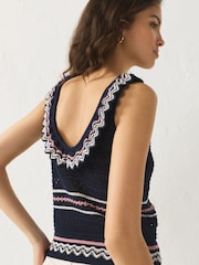 Navy Blue Cotton Scoop Neck Frill Knit Vest - Image 4 of 7