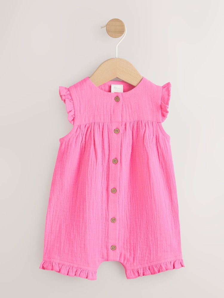 Pink Baby Short Leg Muslin Romper (0mths-3yrs) - Image 1 of 7