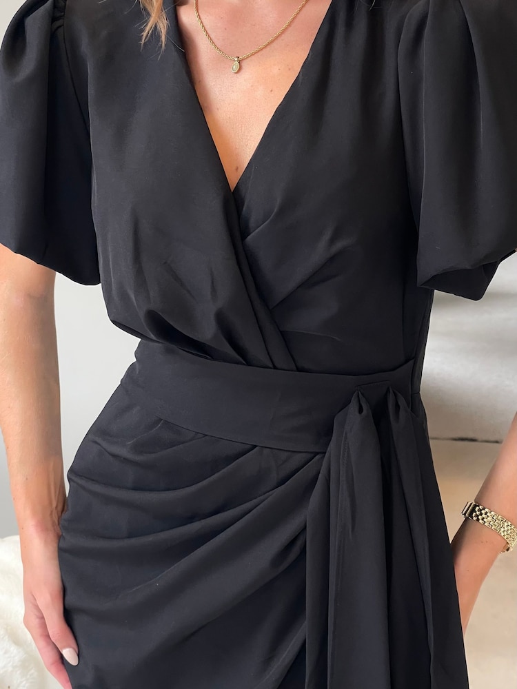 Girl In Mind Black Drew Puff Sleeve Wrap Front Midi Dress - Image 5 of 5 Girl In Mind Black Drew Puff Sleeve Wrap Front Midi Dress - Image 5 of 5