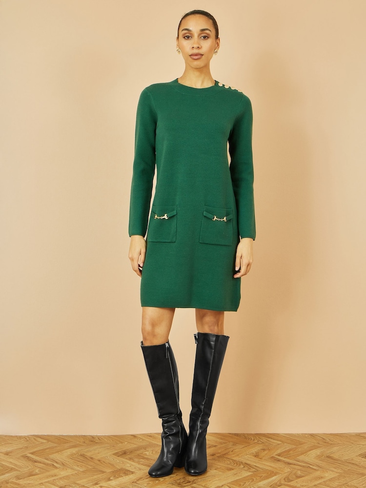 Yumi Green Knitted Tunic Dress With Gold Hardware Details - Image 1 of 5 Yumi Green Knitted Tunic Dress With Gold Hardware Details - Image 1 of 5