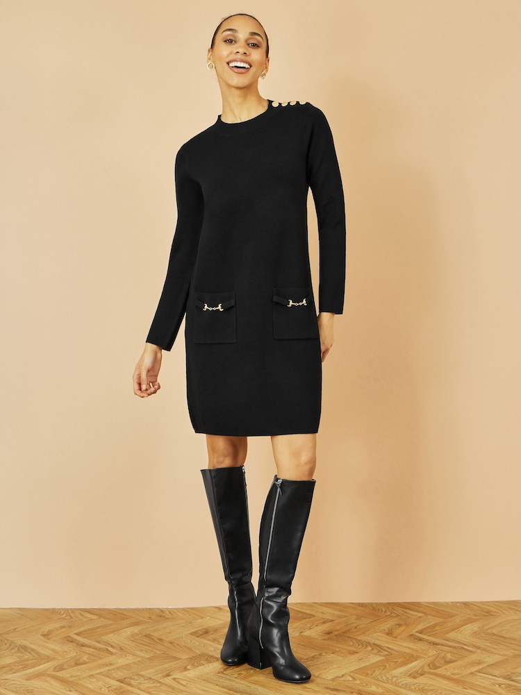 Yumi Black Knitted Tunic Dress With Gold Hardware Details - Image 1 of 5 Yumi Black Knitted Tunic Dress With Gold Hardware Details - Image 1 of 5