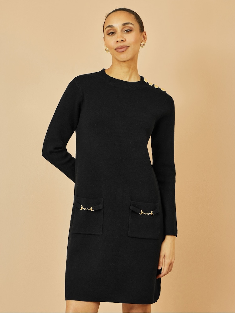 Yumi Black Knitted Tunic Dress With Gold Hardware Details - Image 2 of 5 Yumi Black Knitted Tunic Dress With Gold Hardware Details - Image 2 of 5
