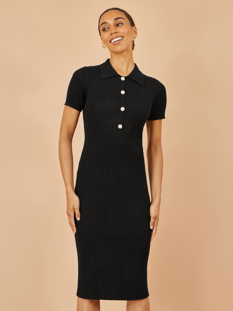Yumi Black Fitted Rib Knitted Midi Dress With Daisy Buttons - Image 1 of 5 Yumi Black Fitted Rib Knitted Midi Dress With Daisy Buttons - Image 1 of 5
