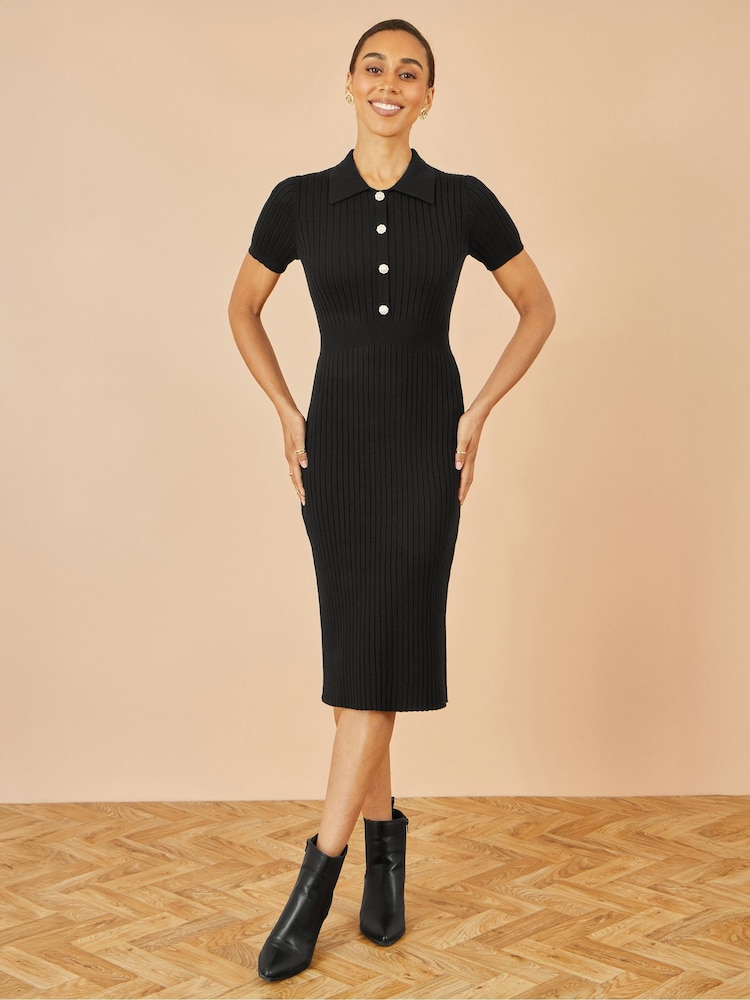 Yumi Black Fitted Rib Knitted Midi Dress With Daisy Buttons - Image 2 of 5 Yumi Black Fitted Rib Knitted Midi Dress With Daisy Buttons - Image 2 of 5