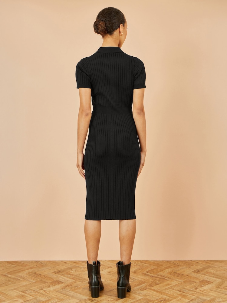 Yumi Black Fitted Rib Knitted Midi Dress With Daisy Buttons - Image 5 of 5 Yumi Black Fitted Rib Knitted Midi Dress With Daisy Buttons - Image 5 of 5